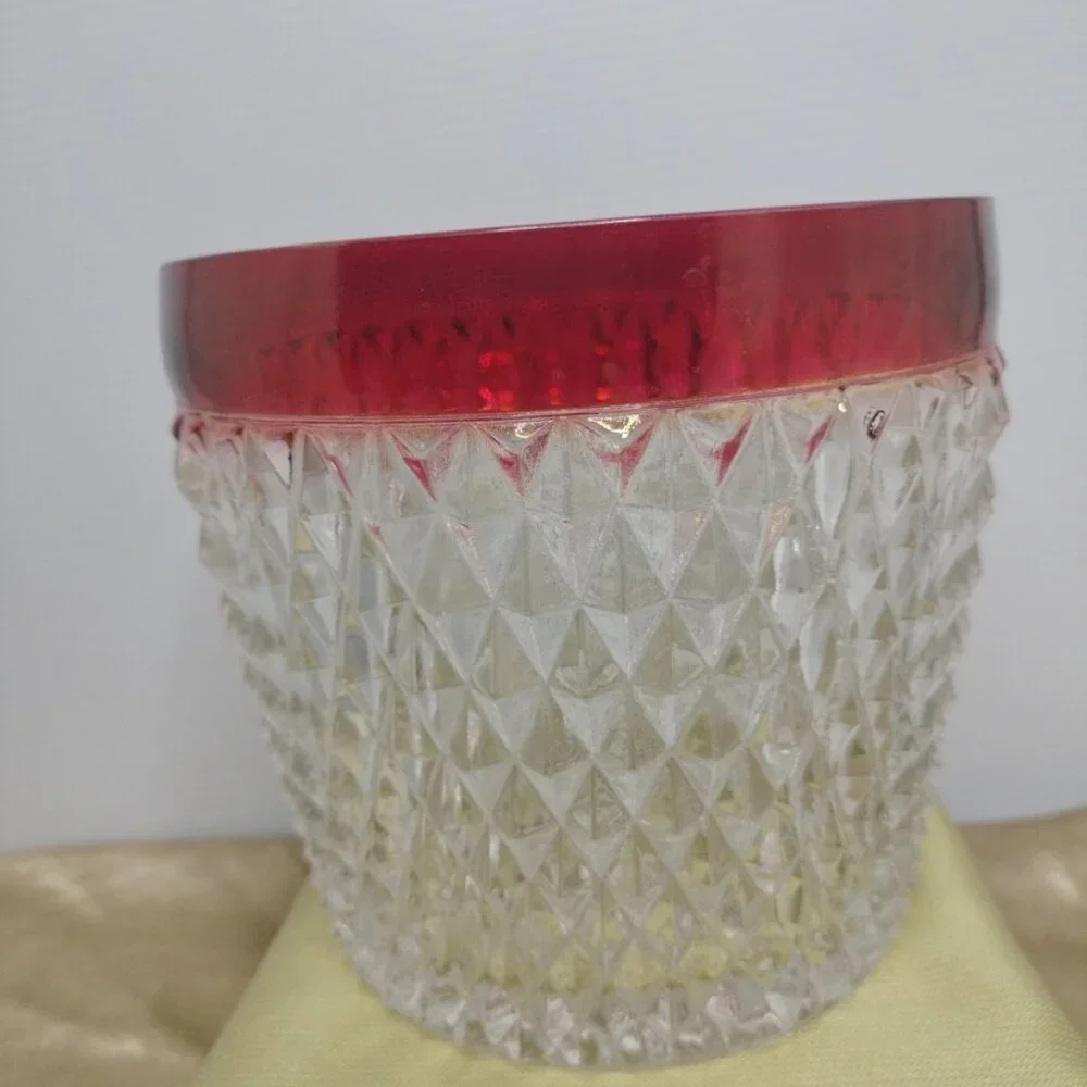 Indiana Glass Diamond Point Ruby Flash Red Ice Bucket w Lid 10.5” NIB